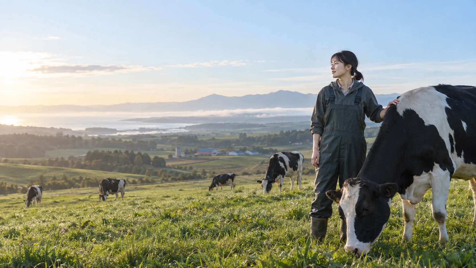 八雲の風景をイメージした牧草地と乳牛、酪農に携わる女性